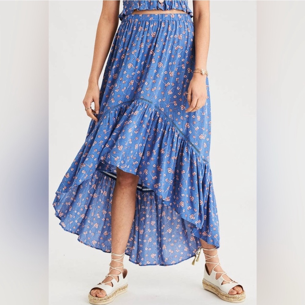 American Eagle blue and pink floral high low hem maxi skirt